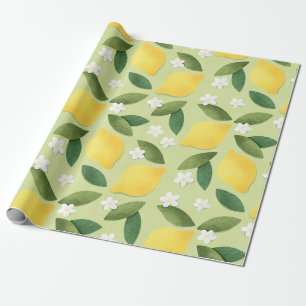Lemons ans White Flowers on Green Background Wrapping Paper