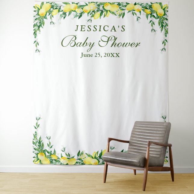 Lemons Blossom Baby Shower Photo Booth Backdrop Tapestry (In Situ)