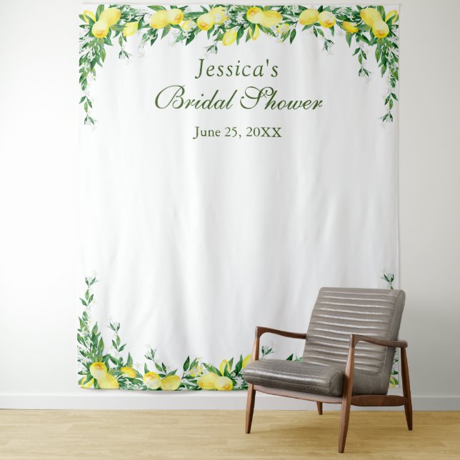 Lemons Blossom Bridal Shower Photo Booth Backdrop Tapestry (In Situ)