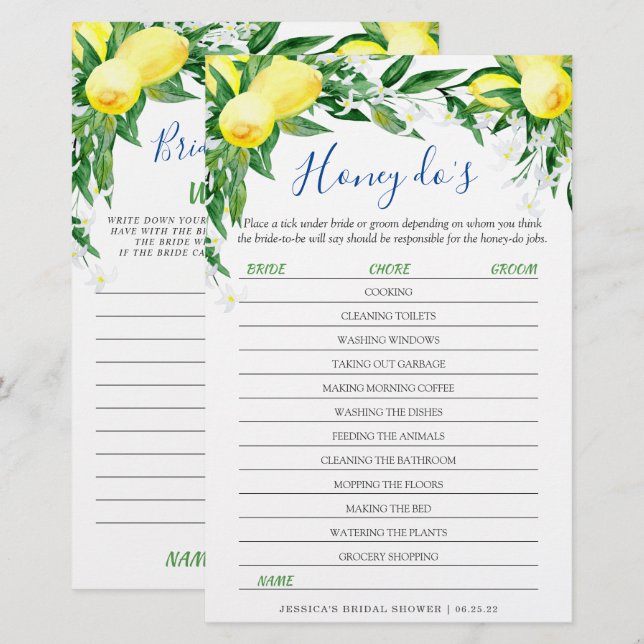 Lemons Blossom Double-Sided Bridal Shower Game (Front/Back)