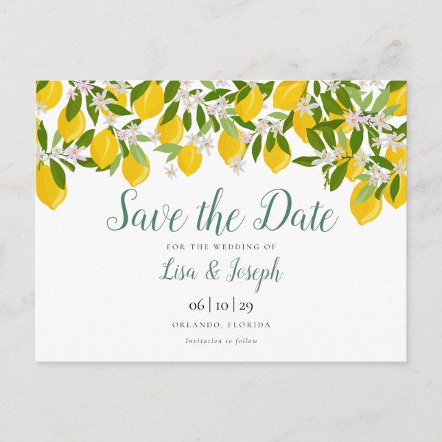Lemons Blossom Elegant Script Save the Date Postcard (Front)