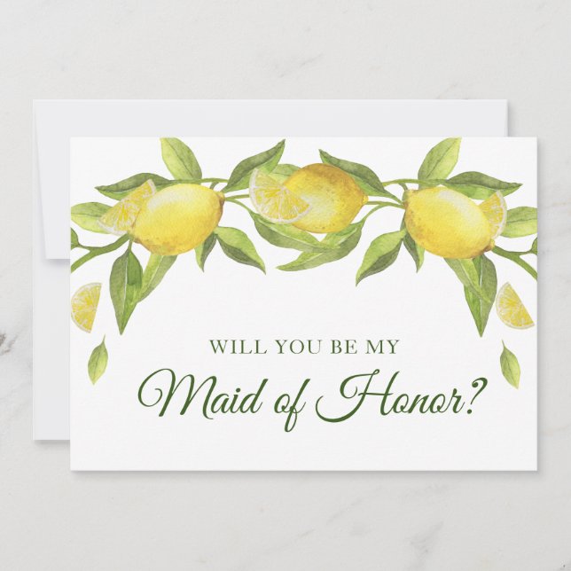Lemons Blossom Green Will You Be My Maid of Honour Invitation (Front)