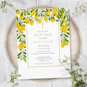 Lemons Blossom Greenery Baptism Christening Invitation Postcard