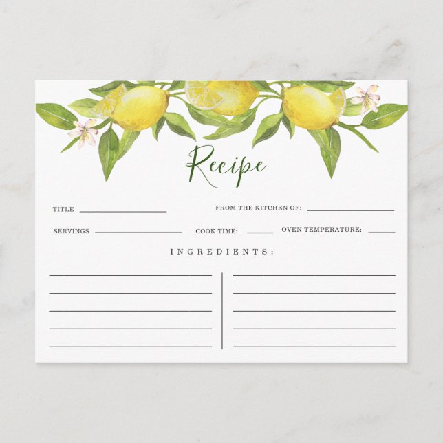 Lemons Blossom Greenery Bridal Shower Recipe Card (Front)