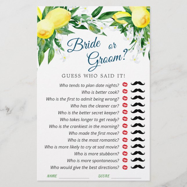 Lemons Blossom Greenery Chic  Bridal Shower Game (Front)