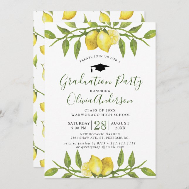 Lemons Blossom Greenery Chic Graduation Party Invitation (Front/Back)