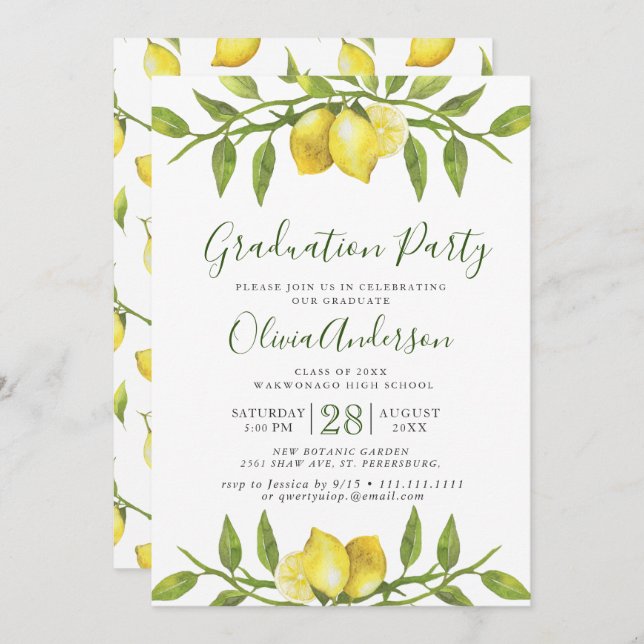 Lemons Blossom Greenery Chic Graduation Party Invitation (Front/Back)
