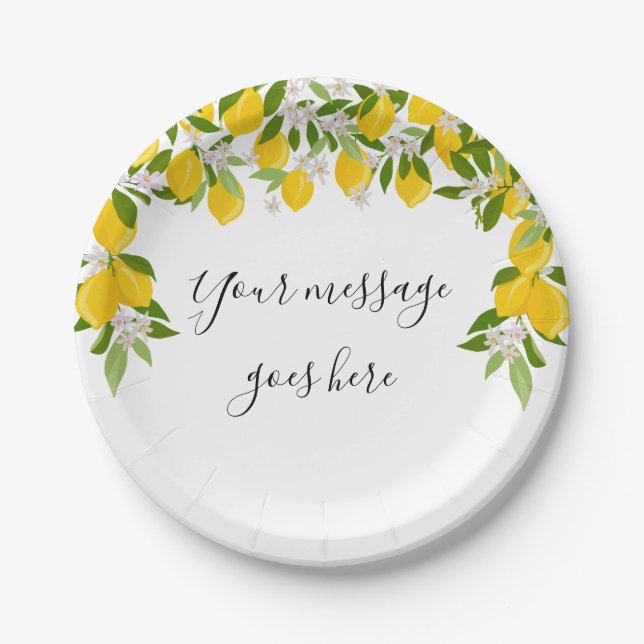 Lemons Blossom Greenery Elegant Script Message Paper Plate (Front)