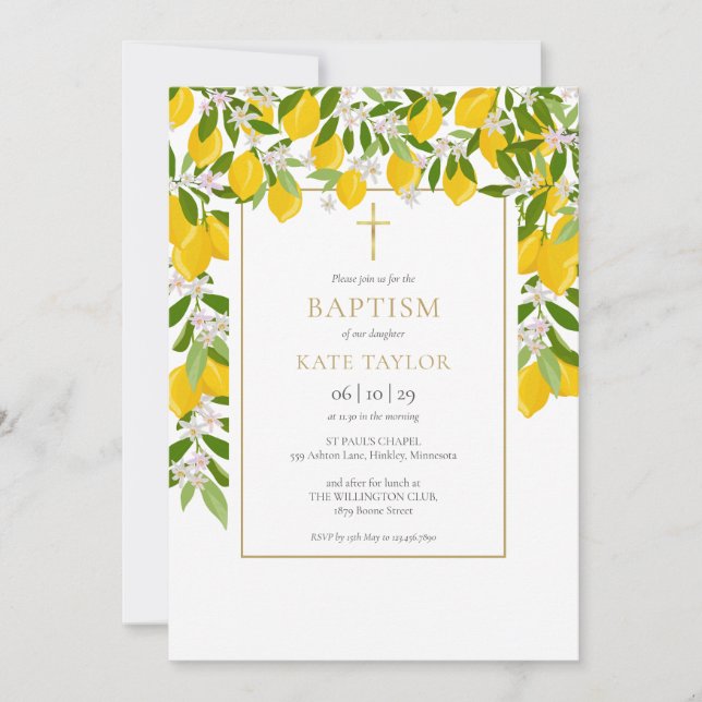 Lemons Blossom Greenery Gold Baptism Christening Invitation (Front)