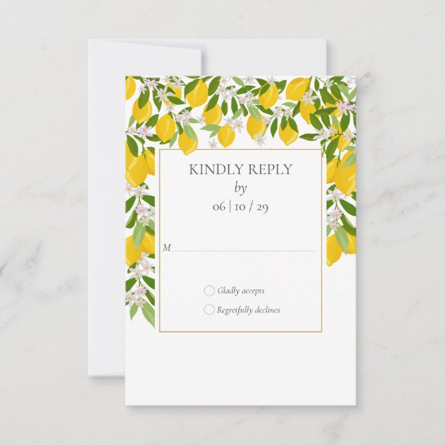 Lemons Blossom Greenery Gold Geometric Wedding RSVP Card (Front)