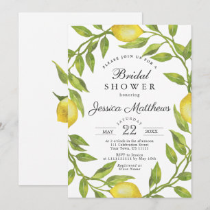 Lemons Blossom Greenery Watercolor Bridal Shower Invitation