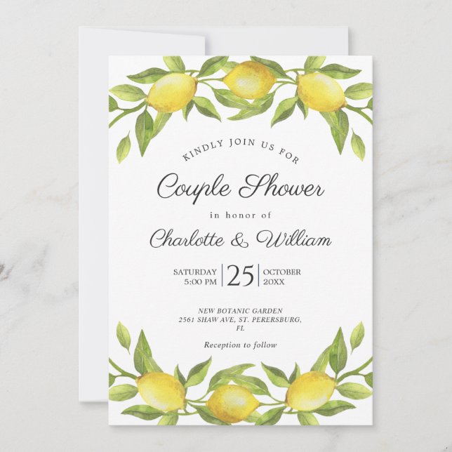 Lemons Blossom Greenery Watercolor Couple Shower Invitation (Front)