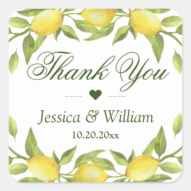 Lemons Blossom Greenery Watercolor Wedding Square Sticker (Front)