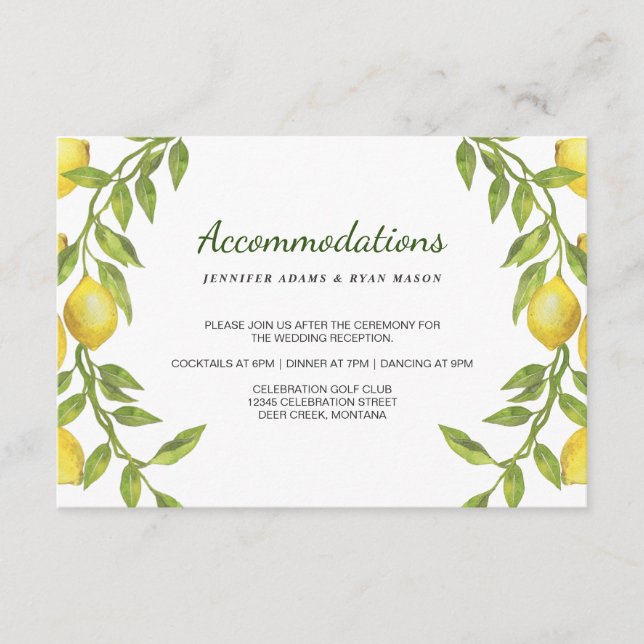 Lemons Blossom Greenery Wedding Accommodations Enclosure Card (Front)