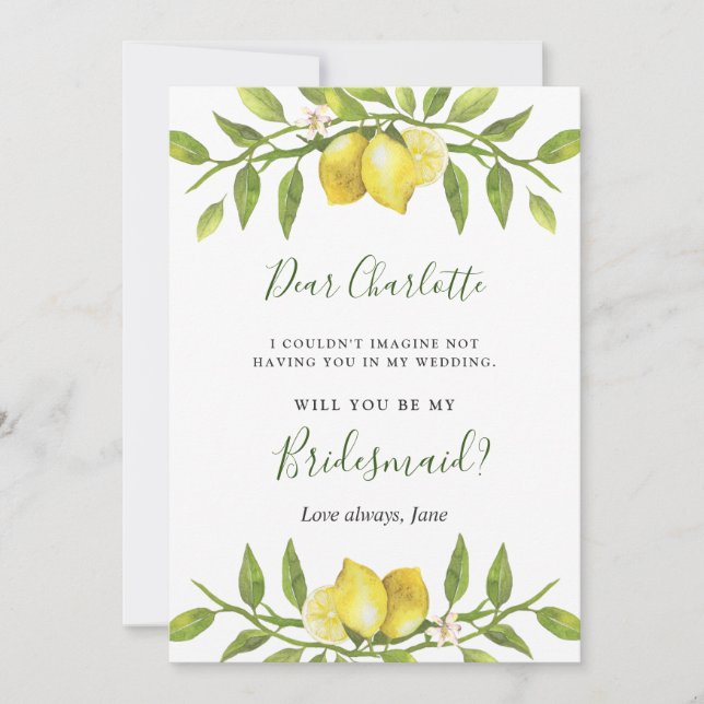Lemons Blossom Greenery  Will You Be My Bridesmaid Invitation (Front)