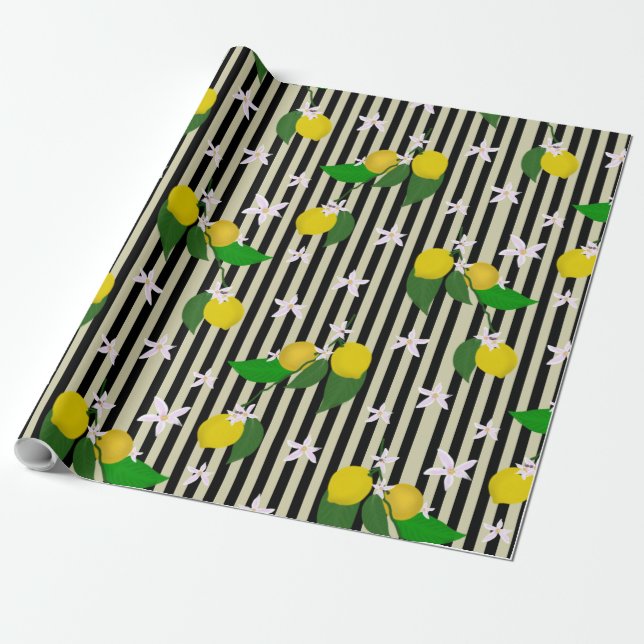 Lemons & Blossoms on Stripes Wrapping Paper (Unrolled)