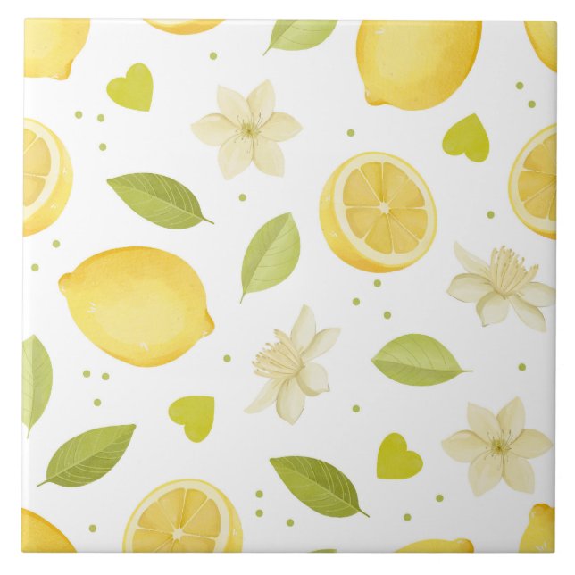 Lemons & Blossoms Watercolor Design Ceramic Tile (Front)