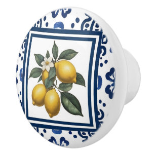 Lemons Blue and White Tribal Folk Art Pattern Ceramic Knob