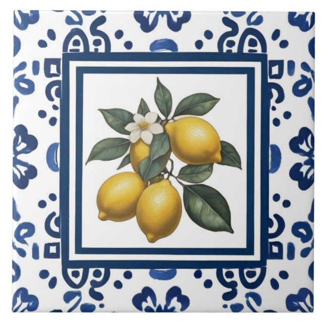 Lemons Blue and White Tribal Folk Art Pattern Ceramic Tile (Front)