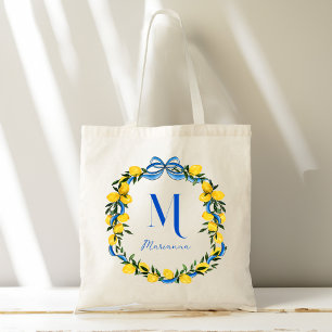 Lemons blue bow personalized bridesmaids gifts tote bag