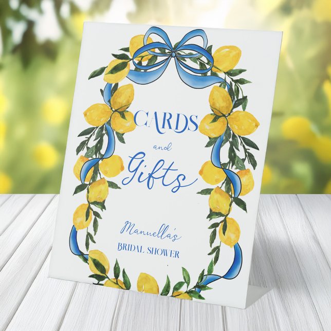 Lemons blue bow ribbon bridal shower gifts table pedestal sign (Lemons blue bow ribbon retro Italian bridal shower gifts table personalized pedestal sign)