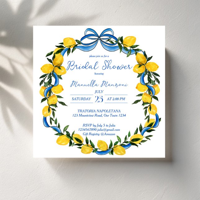 Lemons blue bow ribbon Italian bridal shower Invitation (Lemons blue bow ribbon coquette Italian bridal shower Invitation template summer citrus invites)