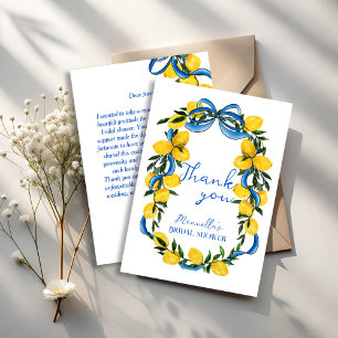 Lemons blue bow ribbon Italian bridal shower Thank You Card