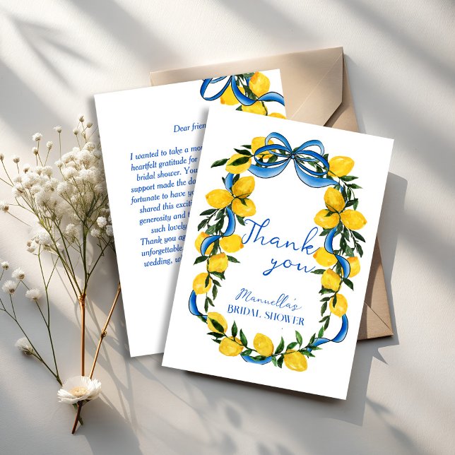 Lemons blue bow ribbon Italian bridal shower Thank You Card (Lemons blue bow ribbon Italian bridal shower Thank You Cards retro bow and lemons thank you cards)