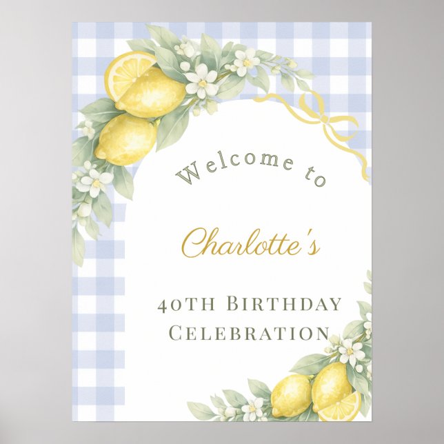 Lemons blue gingham bow garden birthday welcome poster (Front)