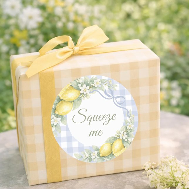 Lemons blue gingham boy squeeze me party favour classic round sticker (Creator Uploaded)