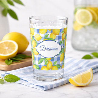 Lemons & Blue Gingham Personalised Glass