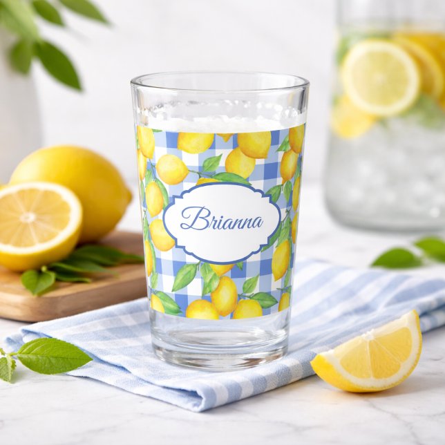 Lemons & Blue Gingham Personalised Glass (Creator Uploaded)