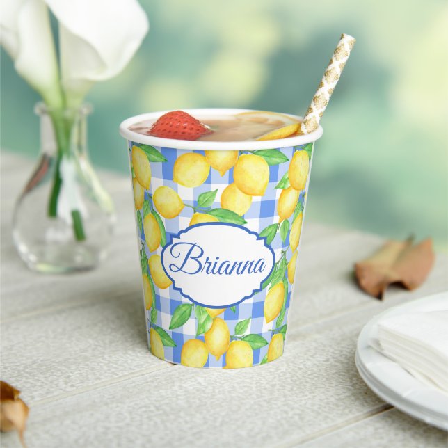 Lemons & Blue Gingham Personalised Glass Paper Cups (Insitu)