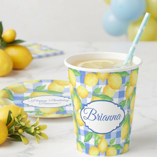 Lemons & Blue Gingham Personalised Glass Paper Cups (Creator Uploaded)