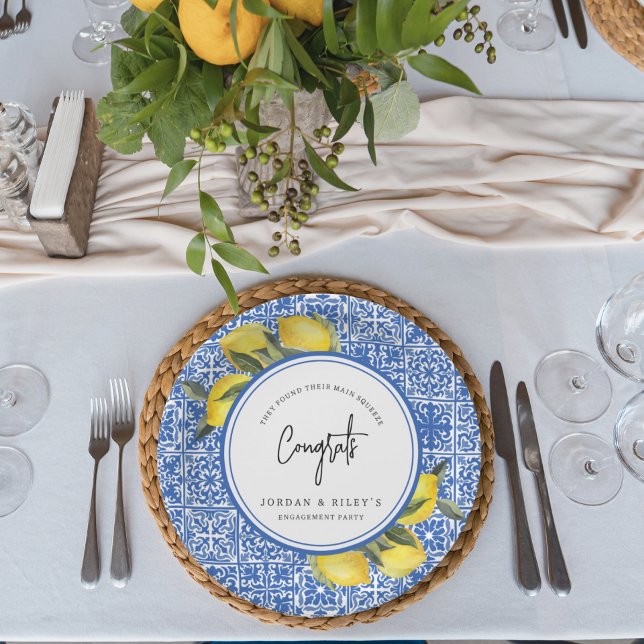 Lemons & Blue Mediterranean Tile Engagement Party Paper Plate (Creator Uploaded)