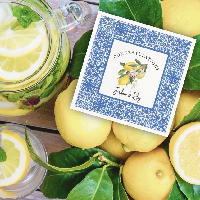 Lemons & Blue Mediterranean Tile Wedding Shower Napkin (Creator Uploaded)