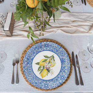 Lemons & Blue Mediterranean Tile Wedding Shower Paper Plate