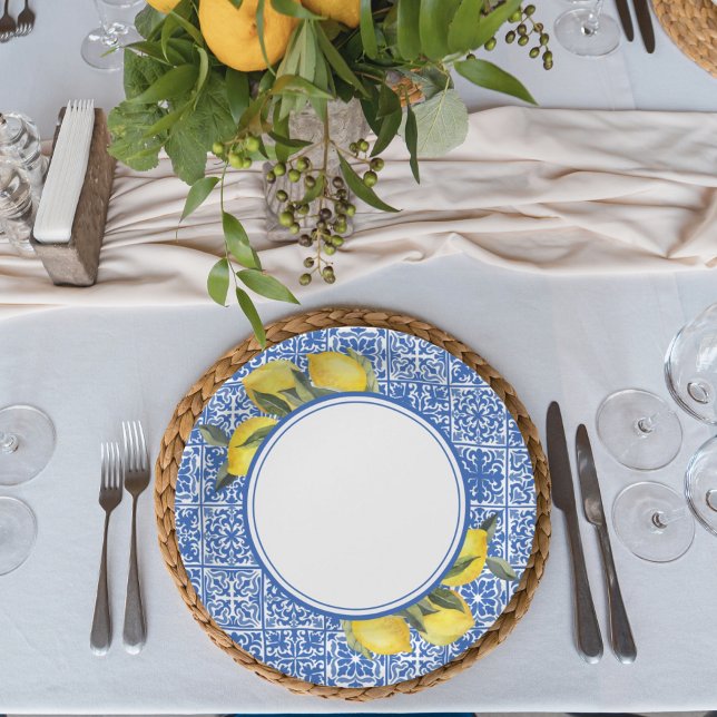 Lemons & Blue Mediterranean Tile Wedding Shower Paper Plate (Creator Uploaded)