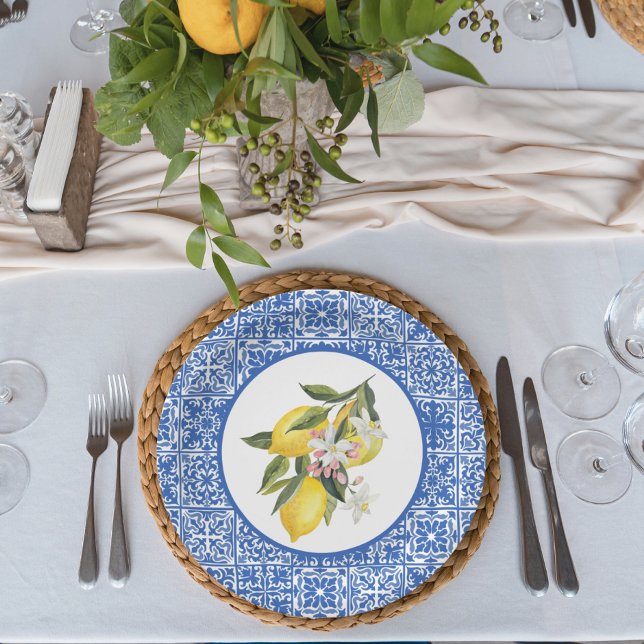 Lemons & Blue Mediterranean Tile Wedding Shower Paper Plate (Creator Uploaded)