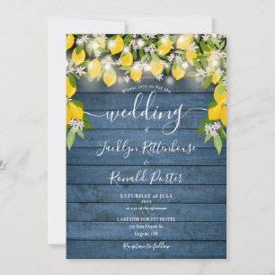 Lemons Blue Rustic Wood String Lights Wedding Invitation
