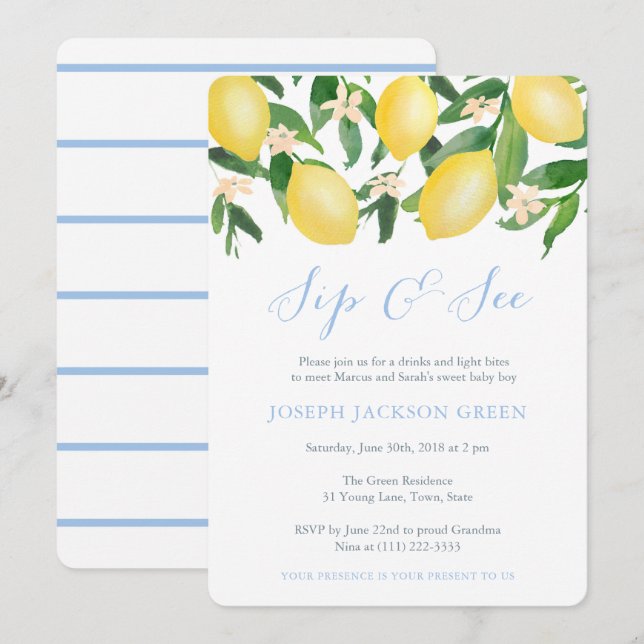 Lemons Blue Sip and See party; meet new baby boy Invitation (Front/Back)