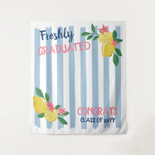 Lemons & Blue Stripes Freshly Graduated Backdrop Tapestry (Front)