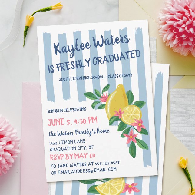Lemons & Blue Stripes Freshly Graduated Party Invitation (Creator Uploaded)