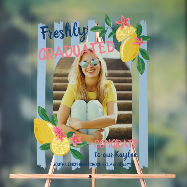 Lemons & Blue Stripes Freshly Graduated Photo Acrylic Sign (Neutral)