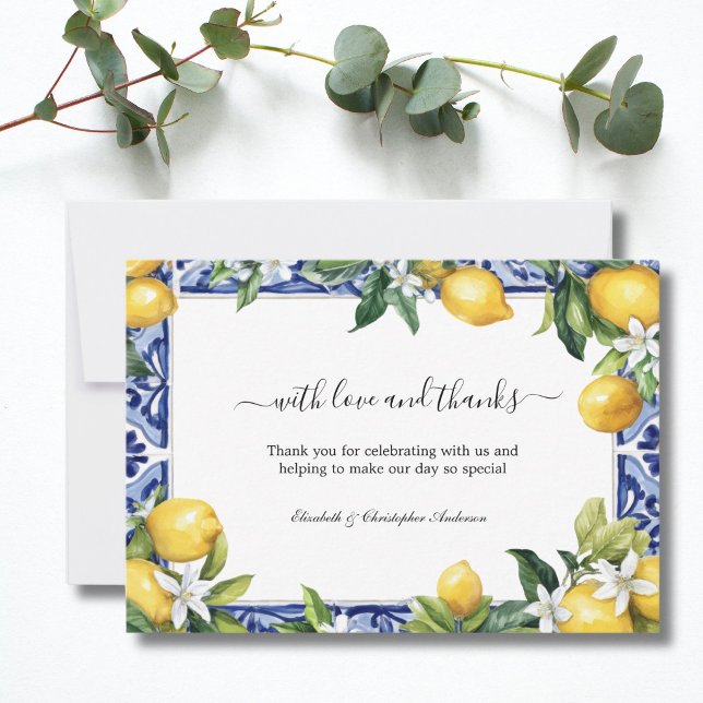 Lemons Blue White Tile Mediterranean Wedding Thank You Card (Lemons Blue White Mediterranean tile Wedding Thank you card)