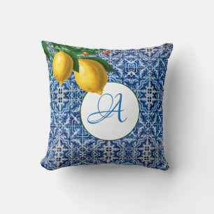 Lemons Blue White Tile Summer Monogram Cushion