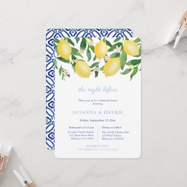 Lemons Blue White Tiles Wedding Rehearsal Dinner Invitation (Front/Back In Situ)