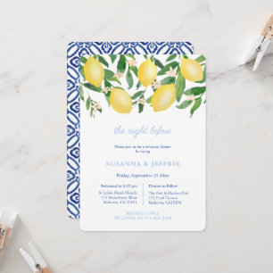 Lemons Blue White Tiles Wedding Rehearsal Dinner Invitation