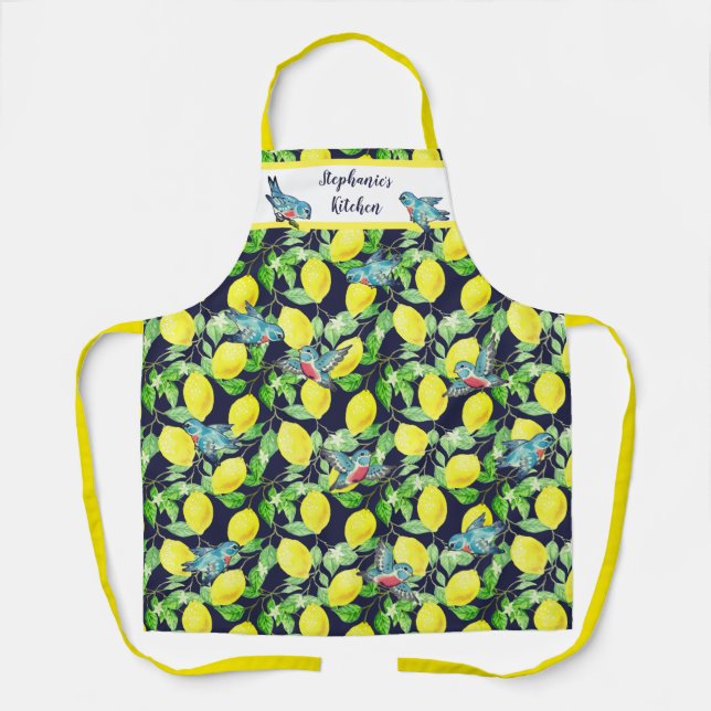 Lemons & Bluebirds Vintage Pattern Custom Navy Apron (Front)