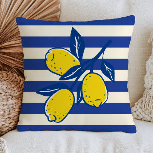 Lemons Citrus Fruit Blue Stripes Mediterranean Cushion